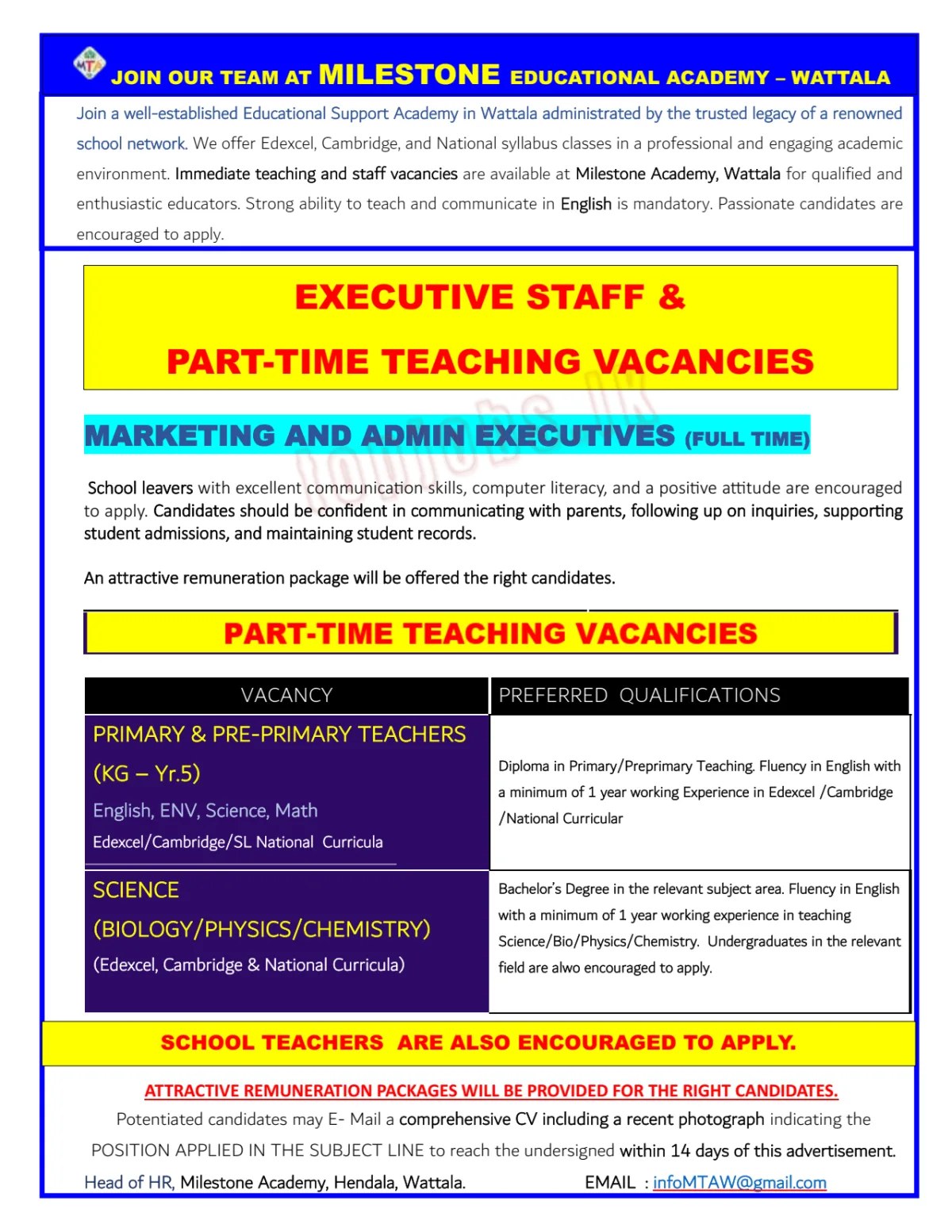 Executive Staff & Part-Time Teaching Vacancies – Milestone Academy ...