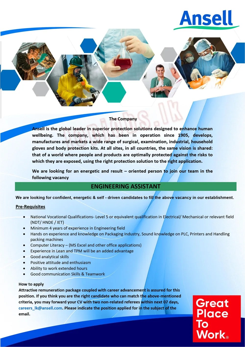 Engineering Assistant – Ansell (Gampaha) | JobPortal LK